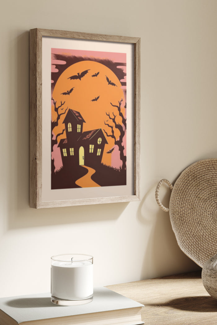 Framed Halloween Poster of Haunted House with Full Moon and Bats
