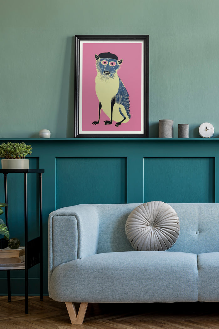 Hipster monkey with glasses and hat poster in a contemporary living room