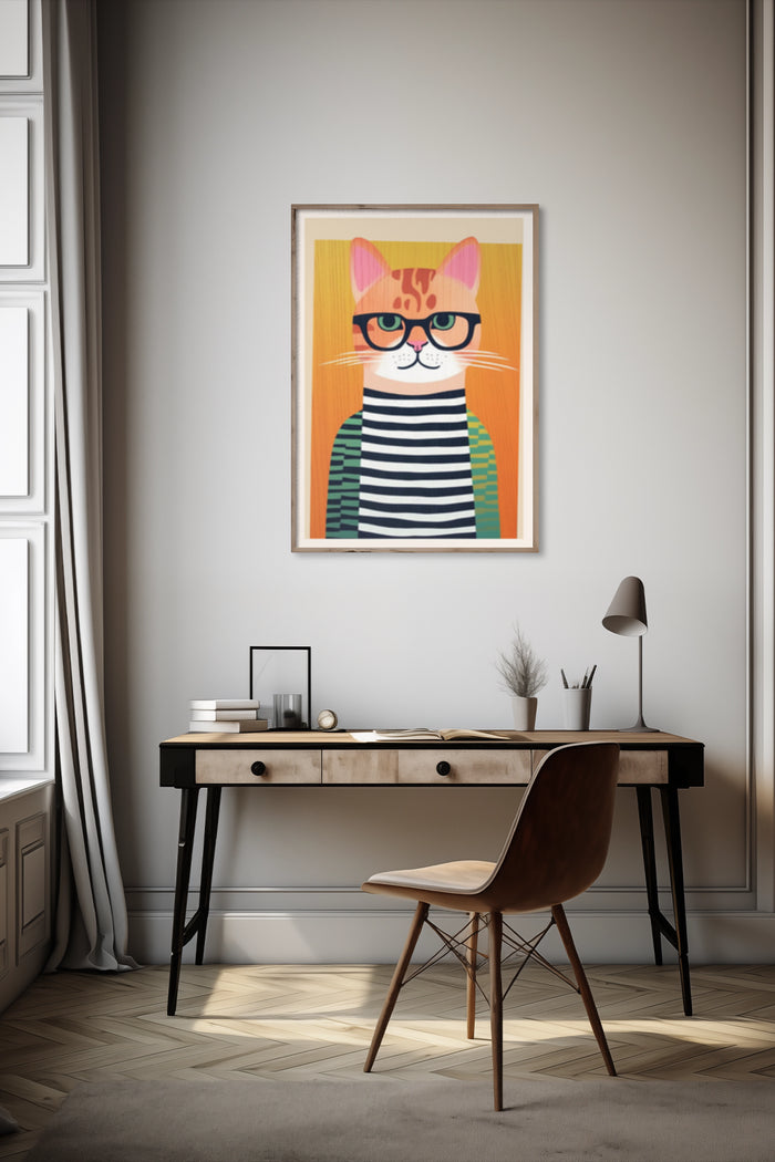 Hipster cat with glasses and striped shirt poster in contemporary home office