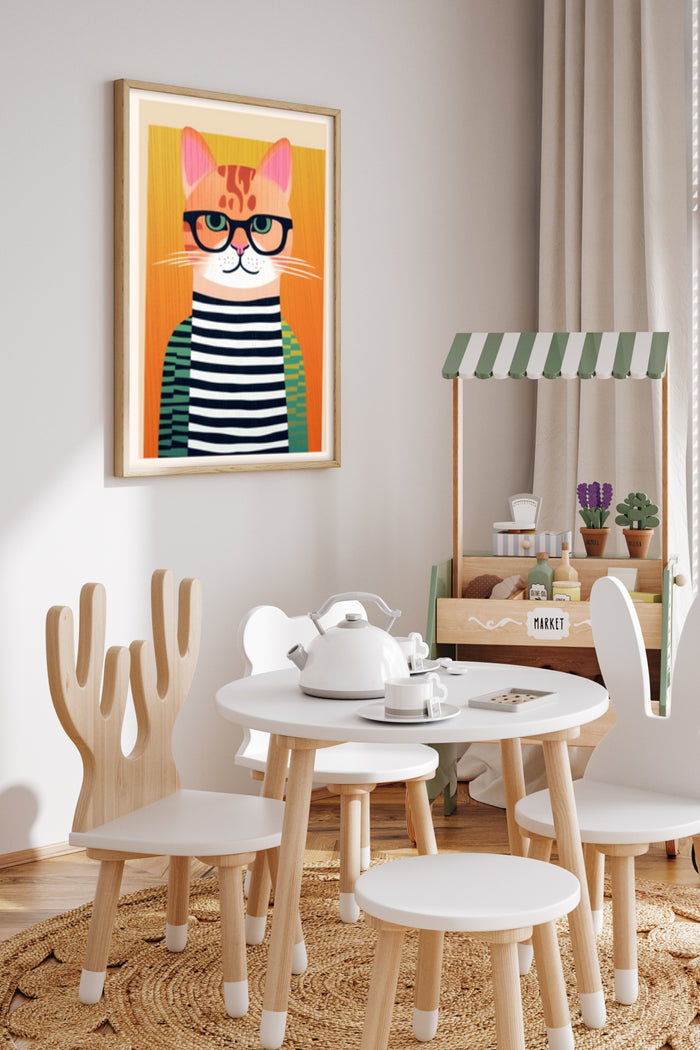 Stylish hipster cat with glasses poster framed on a wall in contemporary interior design setting