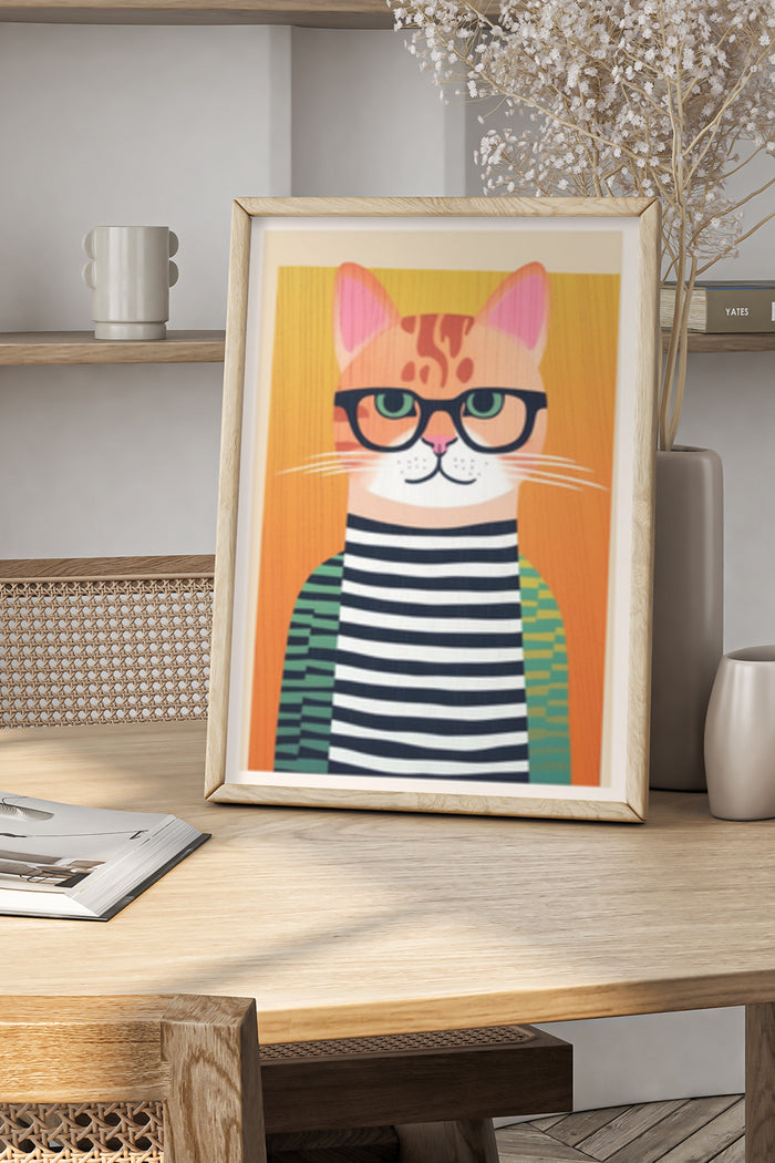 Stylish hipster cat with glasses poster design, modern striped shirt feline illustration in frame
