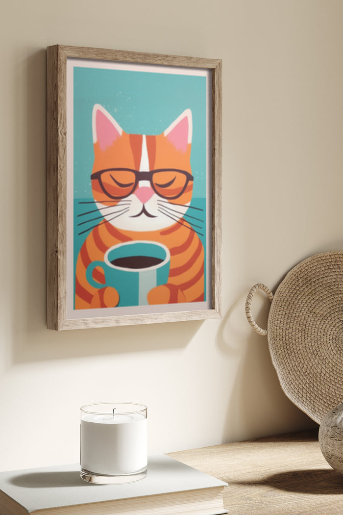 Cool hipster cat with glasses and coffee cup poster in wooden frame