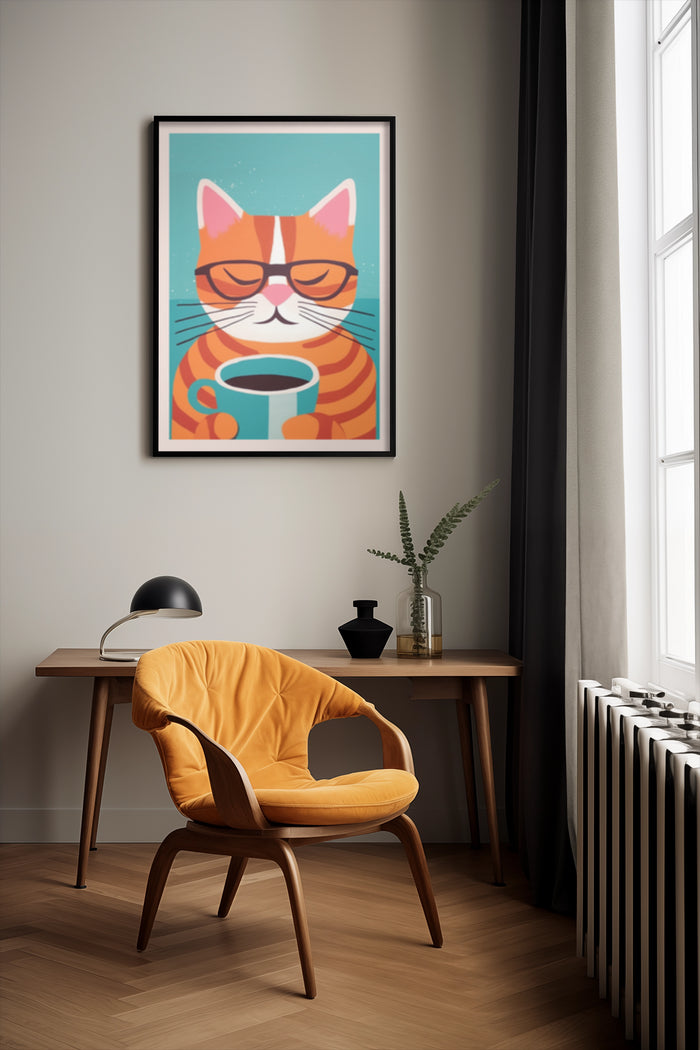Hipster cat with glasses holding a coffee mug art poster in modern interior