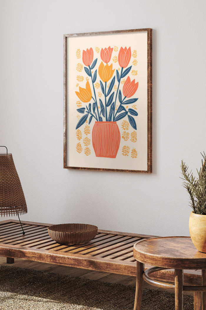 Colorful orange tulips in a vase poster hanging on the wall in a cozy home interior