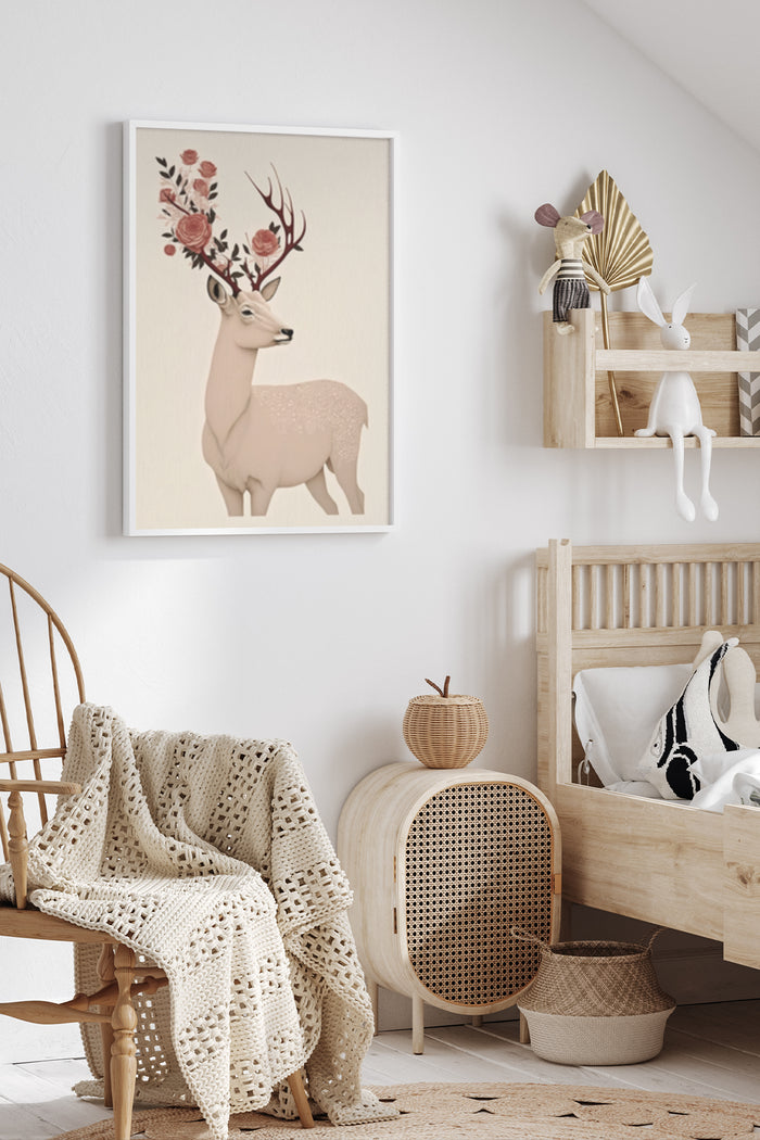 Illustrated deer with decorative roses in its antlers displayed as wall art in a stylish interior setting