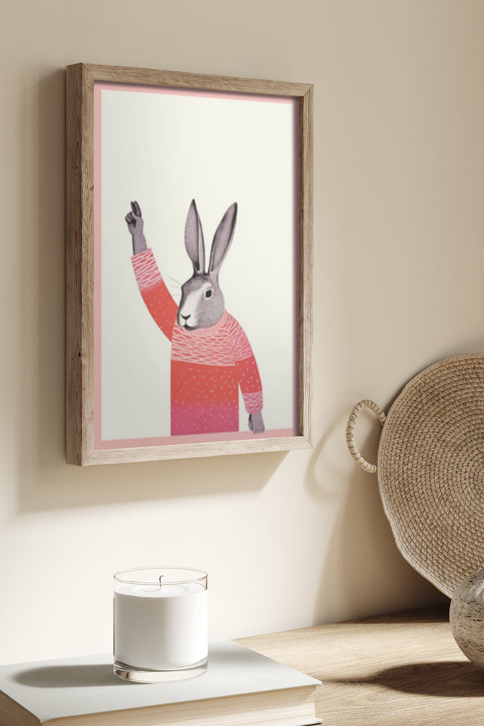 Illustrated poster art of a rabbit wearing a pink sweater, framed and hung on a wall