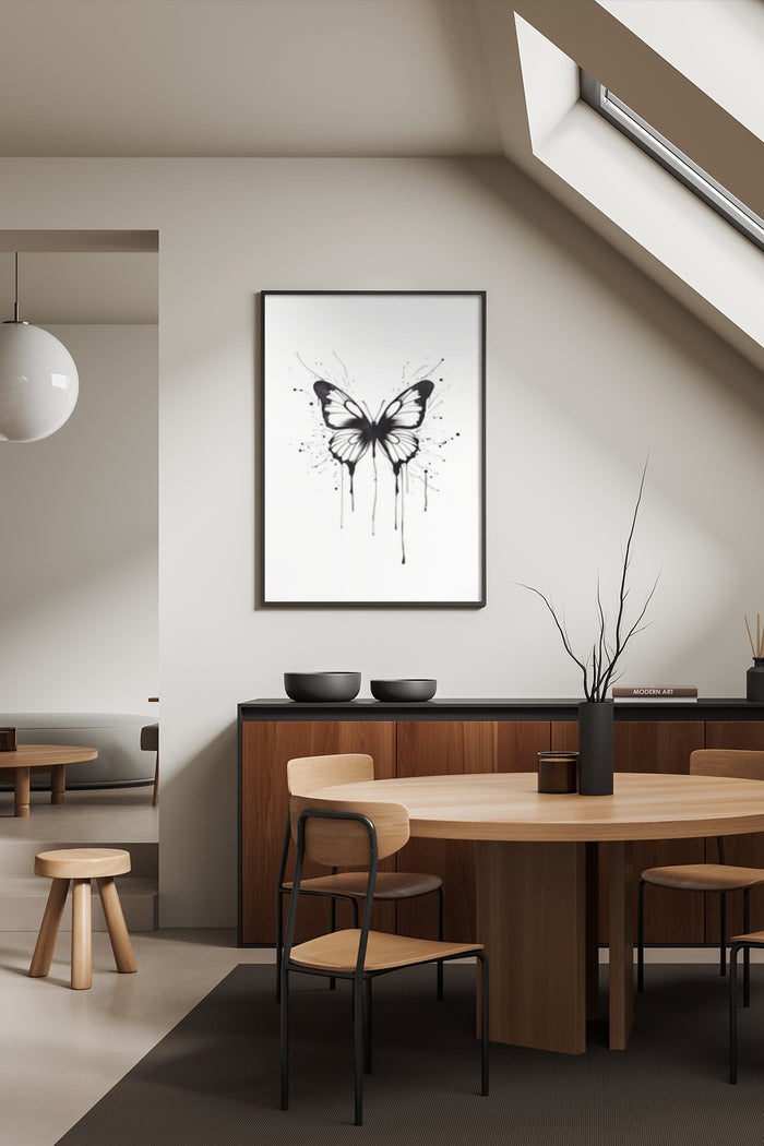 Monochrome ink splatter butterfly artwork in poster frame on wall of contemporary dining room