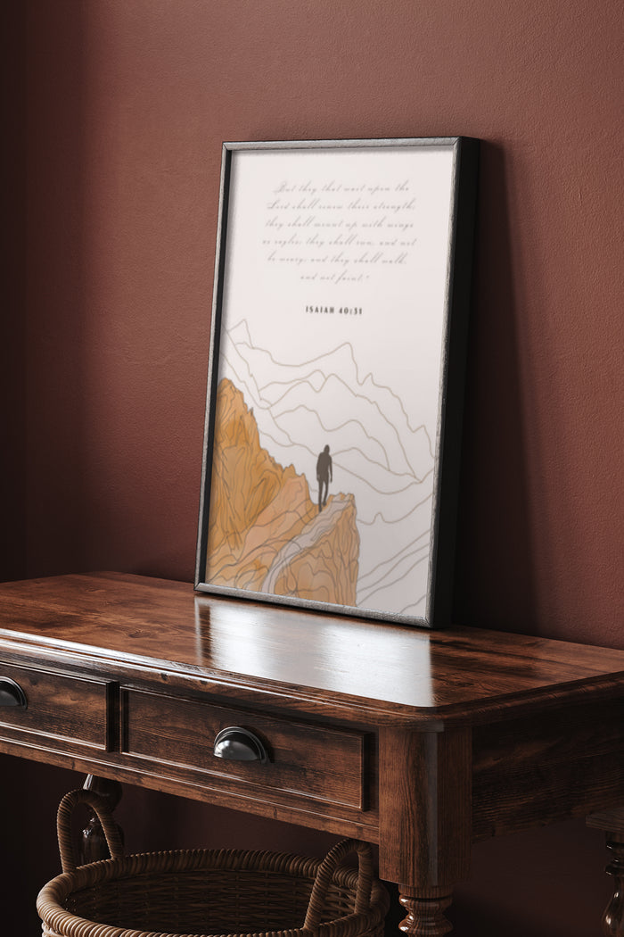 Inspirational Isaiah 40:31 Scripture Art Poster with Mountain Landscape in Home Interior