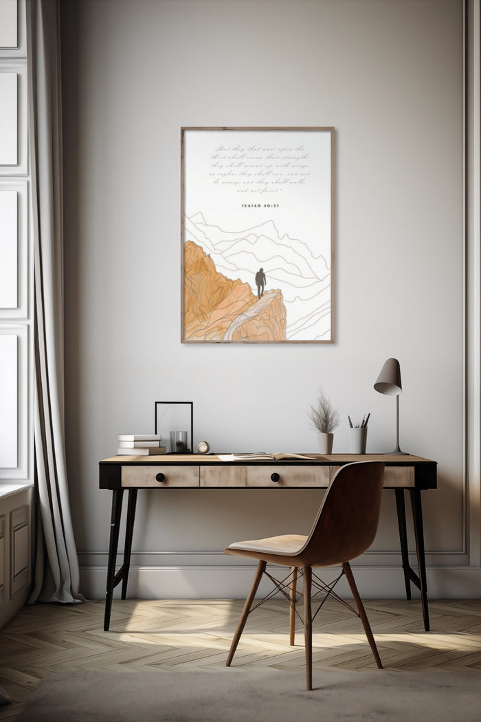 Minimalistic poster with inspirational quote from Isaiah and mountain illustration in a modern workspace