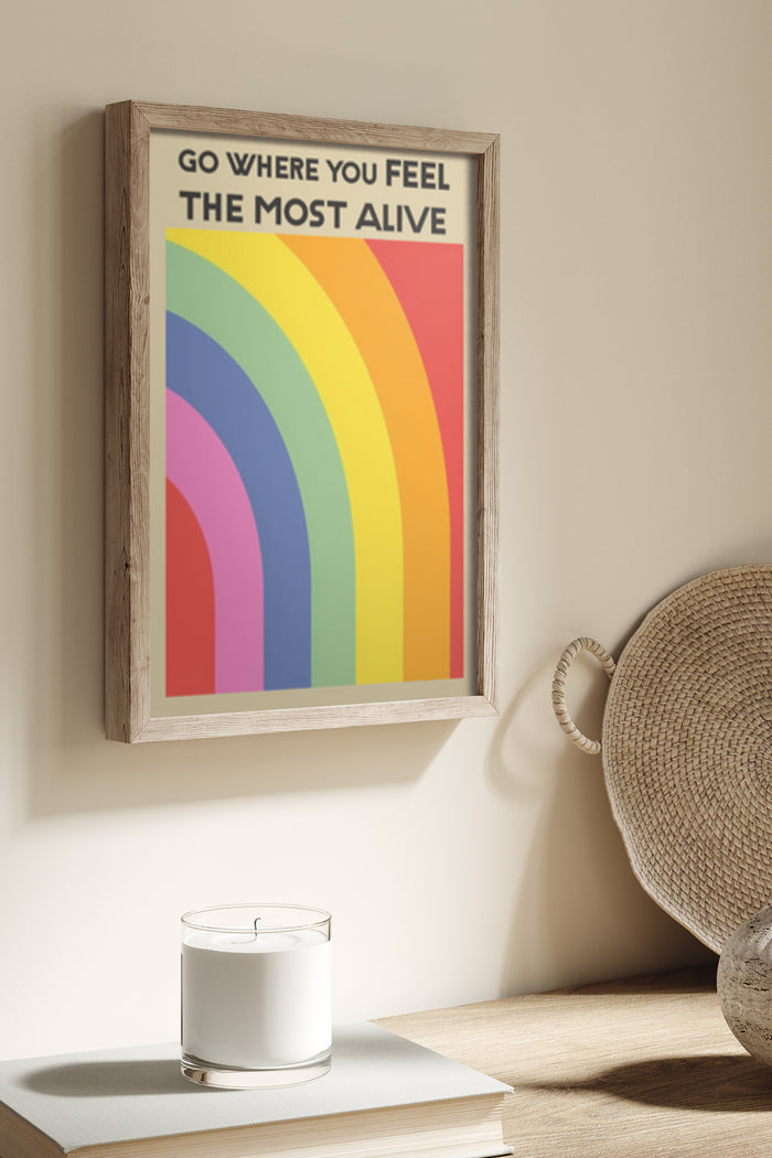 Poster with inspirational quote 'Go where you feel the most alive' against a rainbow background in a wooden frame