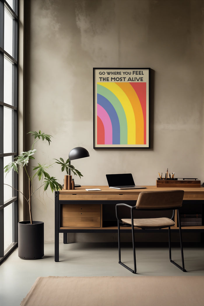 Modern home office interior with inspirational poster reading 'Go where you feel the most alive', featuring colorful rainbow stripes