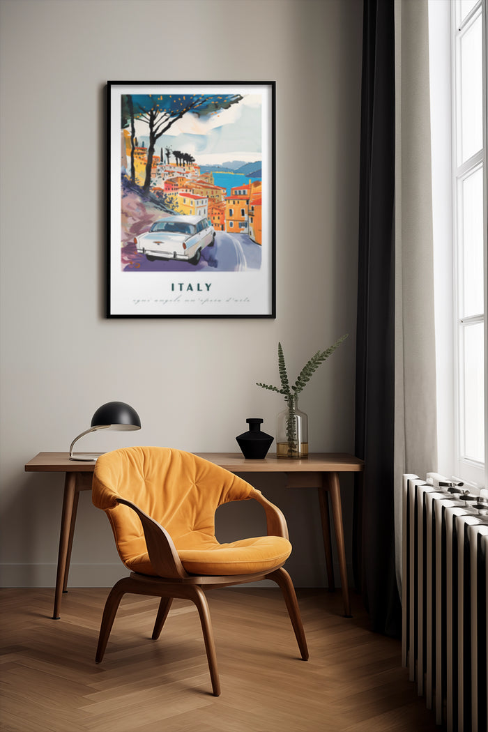 Vintage travel poster of an Italian coastal town displayed in a modern room with stylish furniture