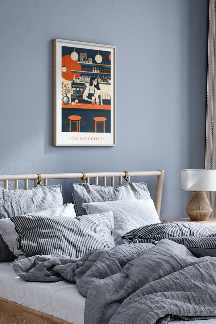 Vintage Italian coffee poster art displayed above bed in cozy bedroom setting