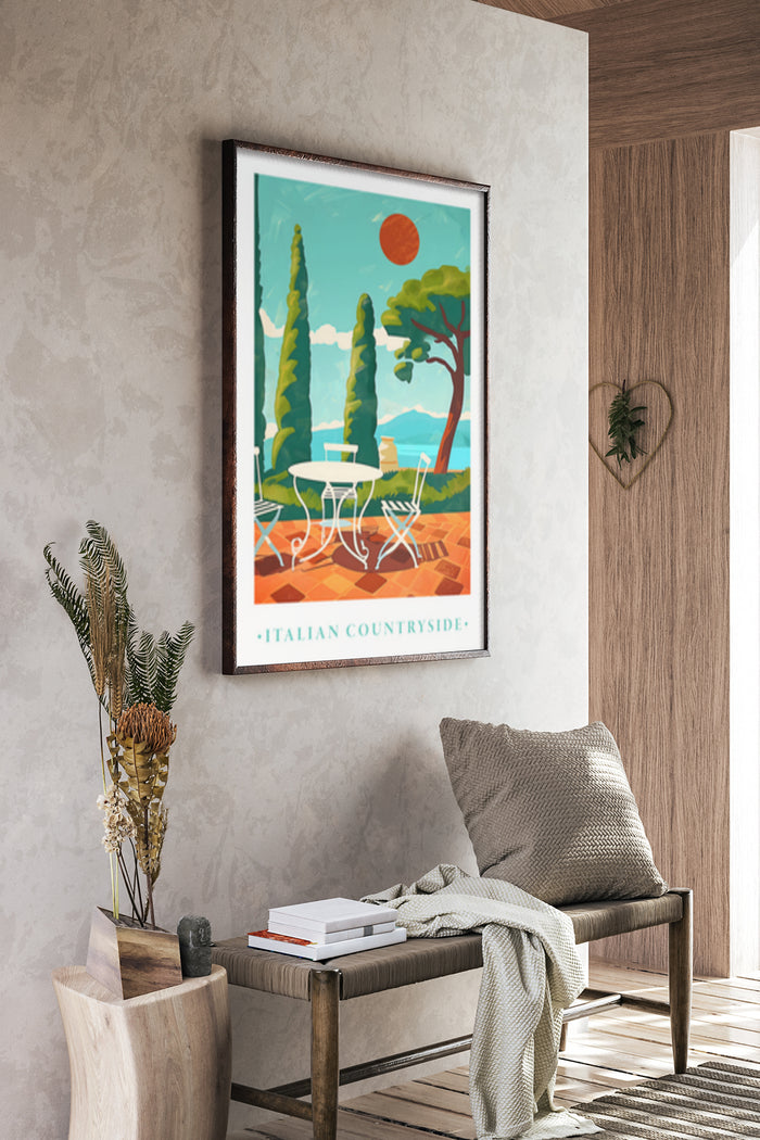 Vintage Italian Countryside Poster with Cypress Trees and Outdoor Cafe Setting Hangs in Stylish Room