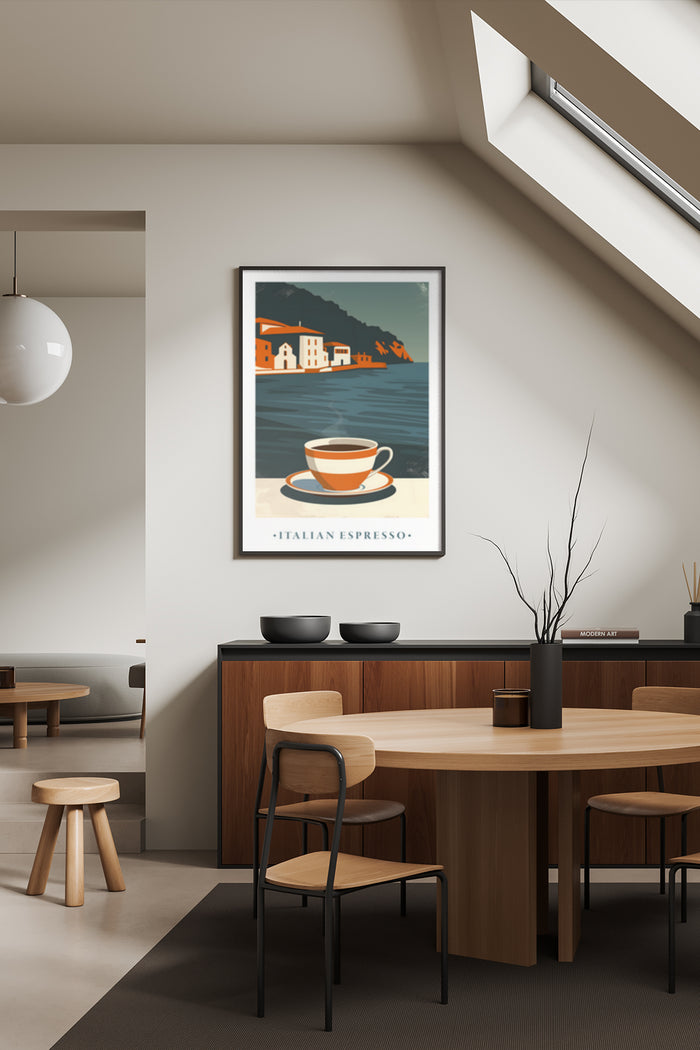 Italian espresso vintage poster with scenic coastal view displayed in contemporary dining room