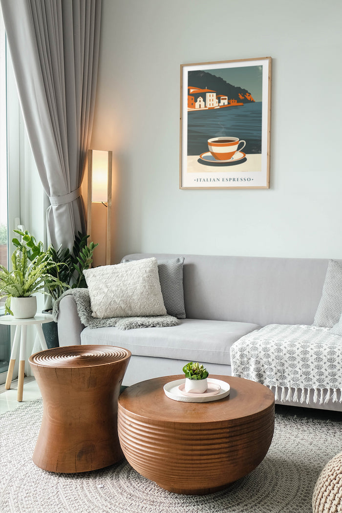Italian Espresso Vintage Poster in Stylish Living Room Interior