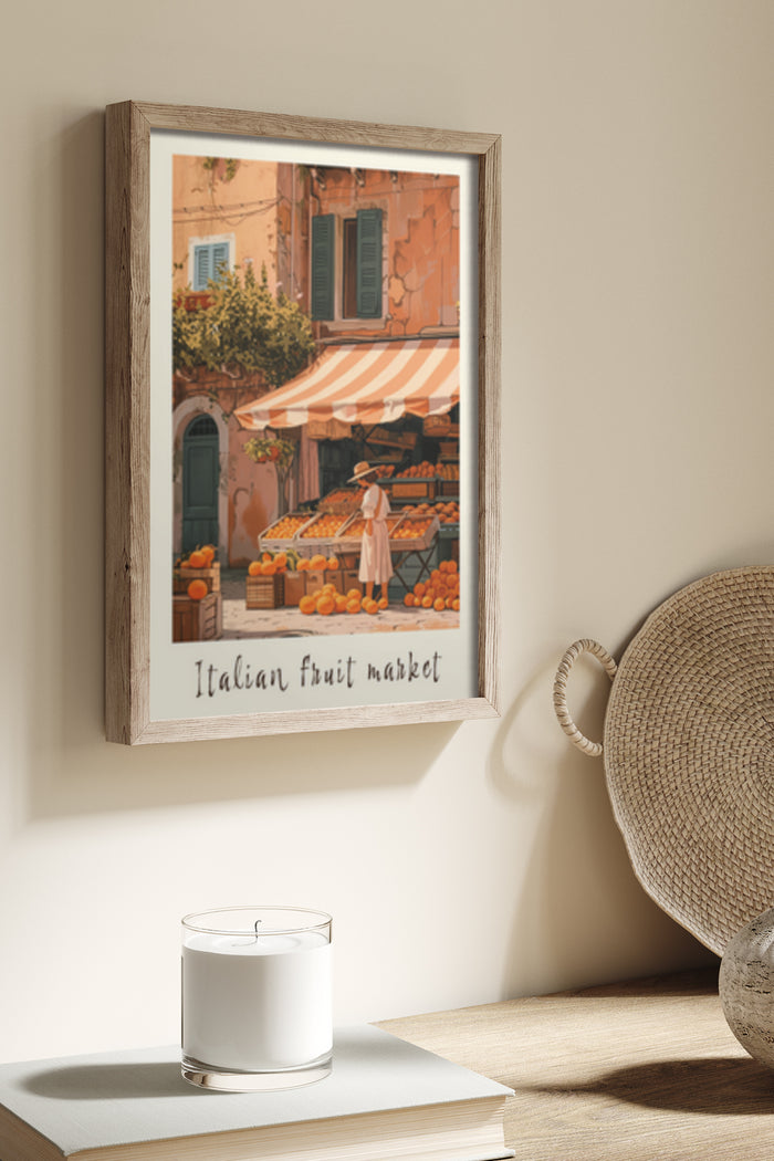 Framed Italian fruit market poster on wall with rustic decor and candle