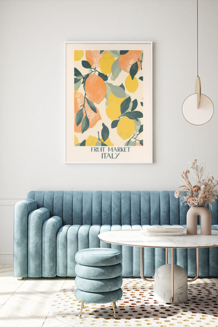 Italian Fruit Market Poster with Oranges and Lemons in Stylish Interior Design