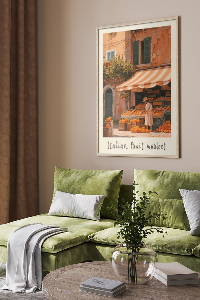 Italian fruit market poster with rustic Mediterranean street scene hung on a wall above a green sofa