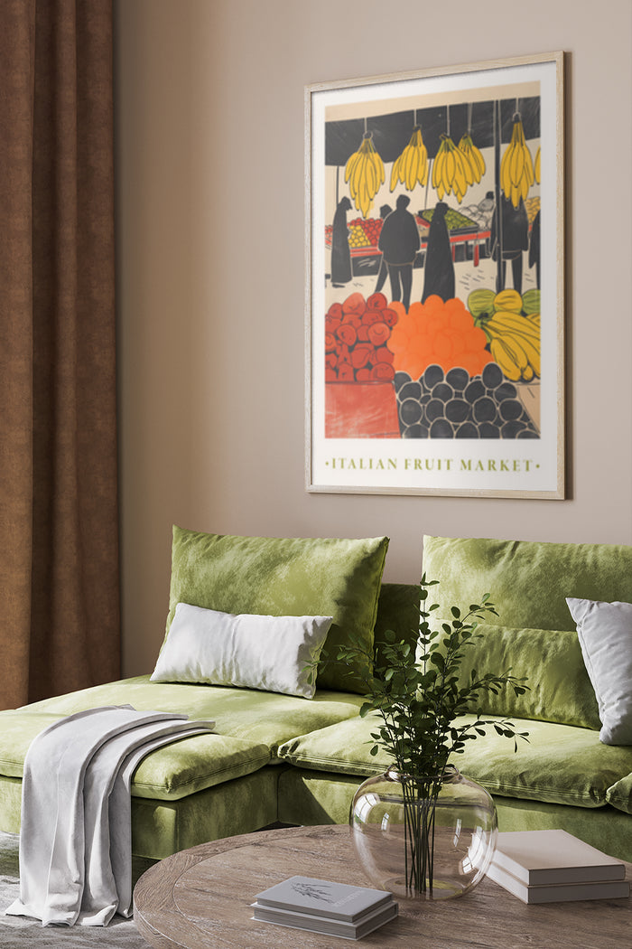 Italian fruit market themed poster in a contemporary living room setting