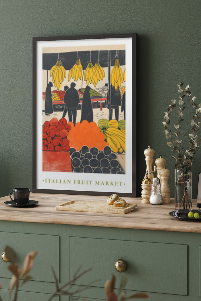 Vintage Italian Fruit Market Poster with colorful illustrations of bananas, oranges, and other fruits