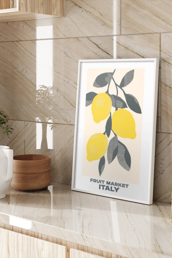 Italy Fruit Market Lemon Poster in Stylish Frame Displayed on Marble Wall