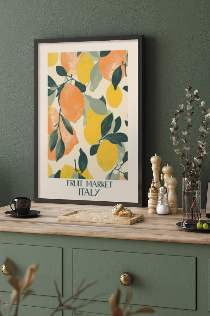 Vintage Italy Fruit Market Poster with Citrus Illustration on Kitchen Wall