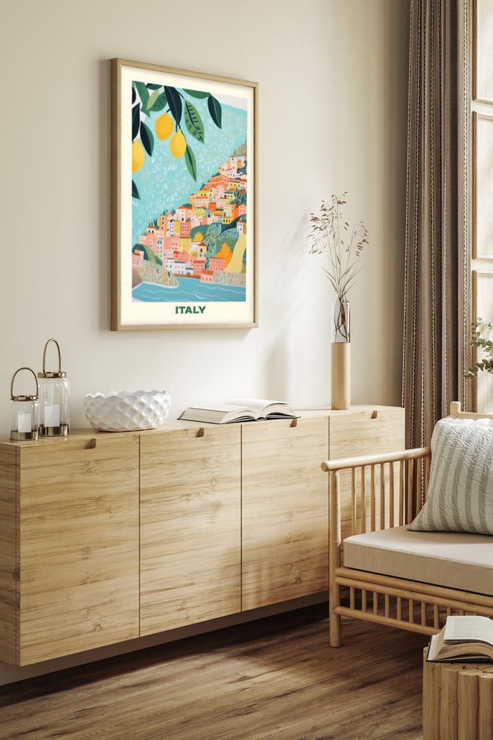 Italy travel poster showcasing lemon trees and a colorful coastal village artwork in a modern living room