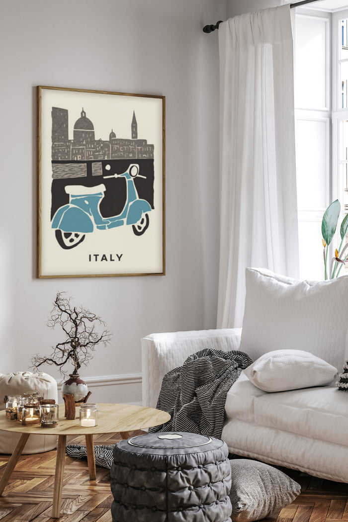 Stylish Italy travel poster featuring a Vespa scooter and iconic cityscape in a cozy living room setting