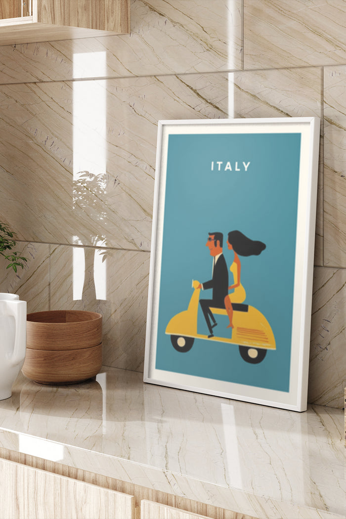 Italy travel poster with couple on yellow Vespa scooter illustration