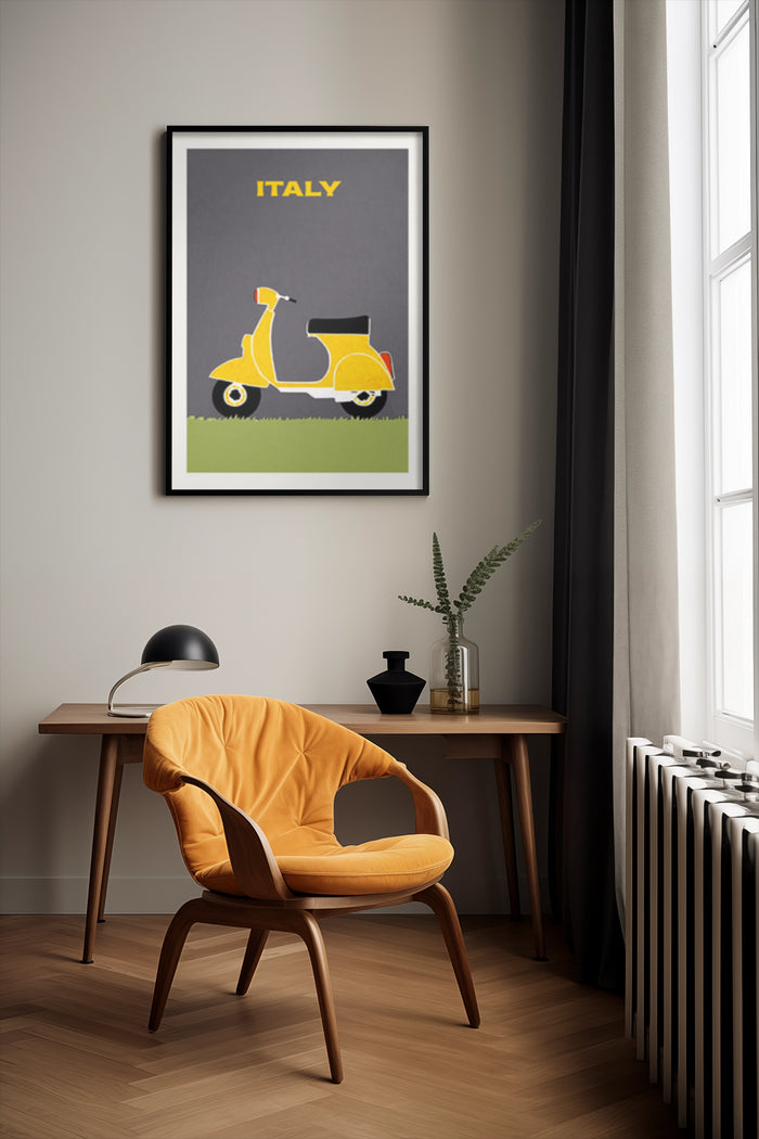 Italian vintage yellow scooter travel poster in stylish interior setting