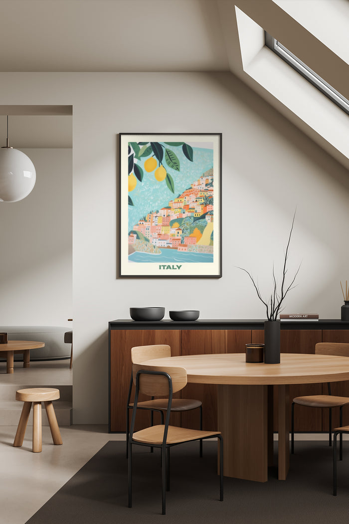 Italy vintage style travel poster displayed in modern interior setting