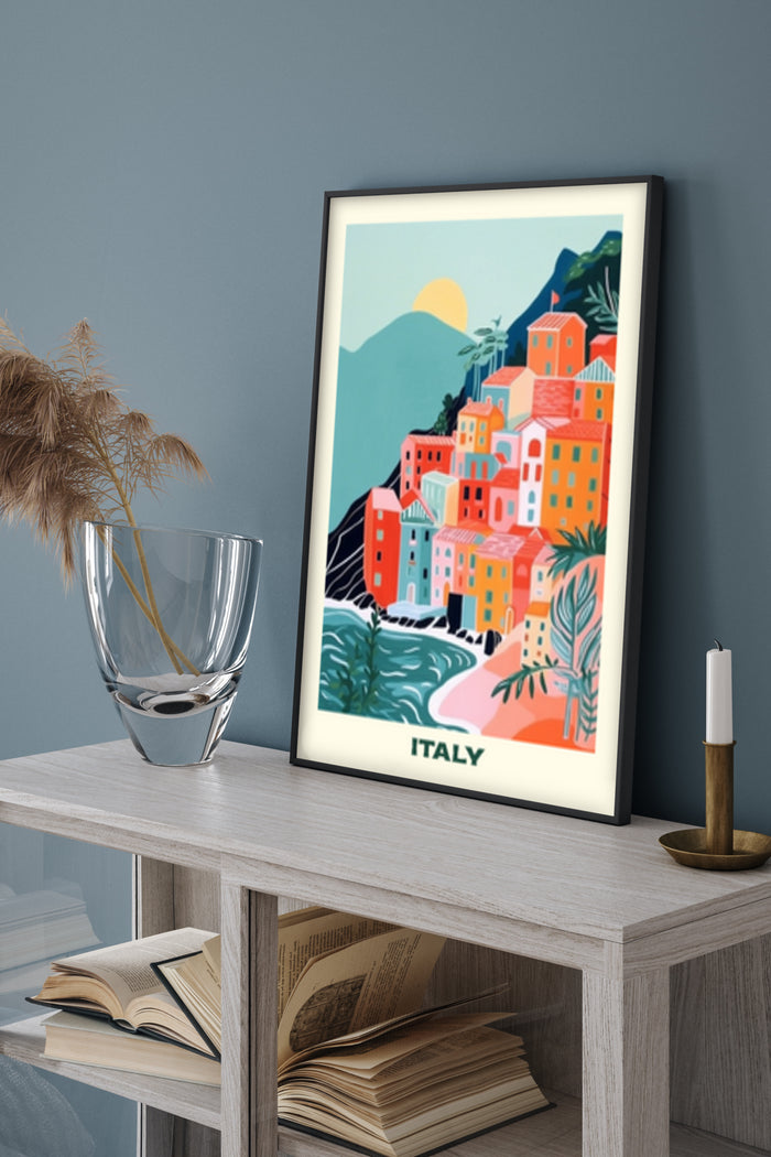 Colorful illustration of a coastal Italian village, vintage travel poster style, titled 'ITALY' displayed in a modern home interior