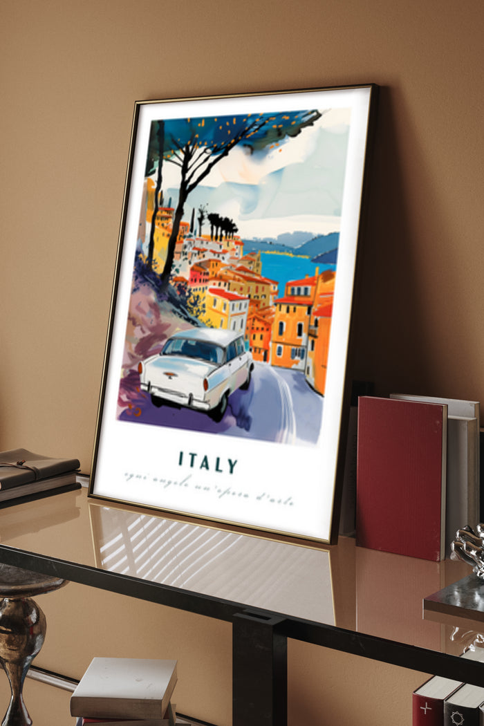 Italy vintage travel poster with retro car and coastal town scenery