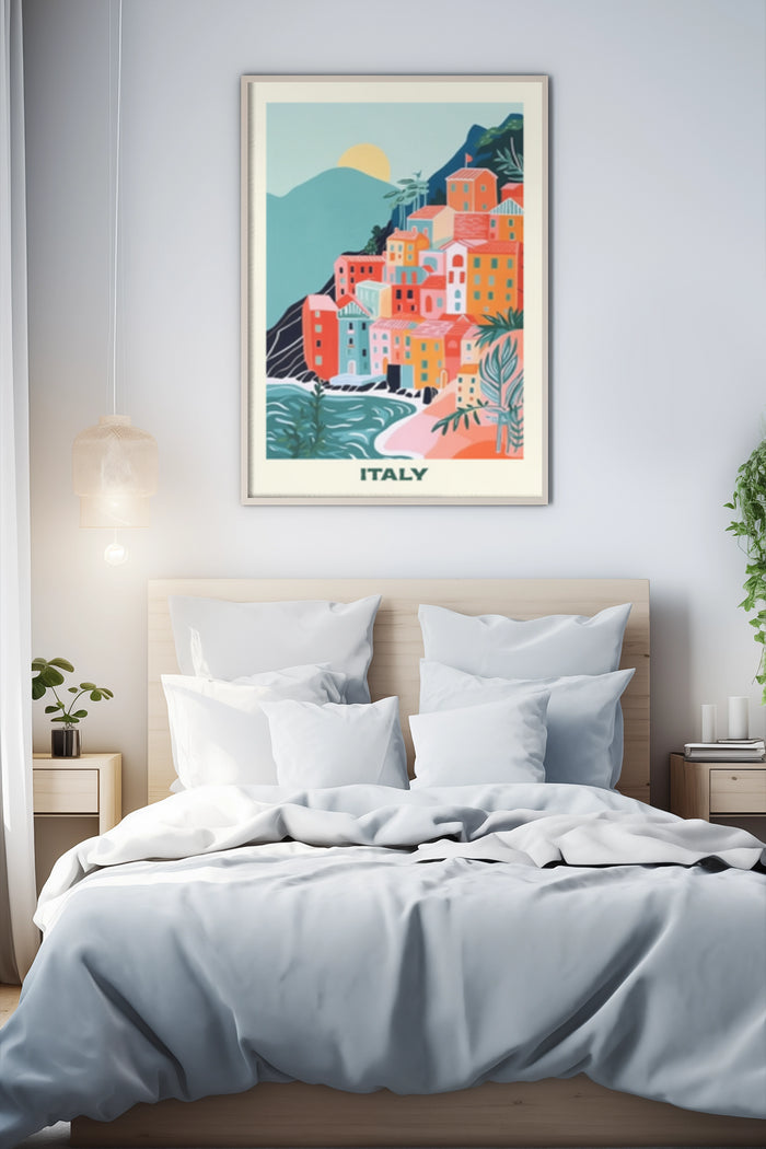 Bedroom interior with a framed vintage Italy travel poster depicting colorful buildings and coastal scenery on the wall