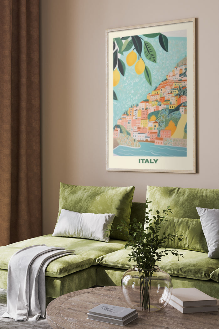 Vintage Italy travel poster featuring a lemon tree and picturesque coastal town hung on a living room wall