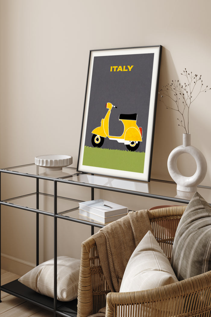 Italy travel poster featuring a yellow Vespa scooter