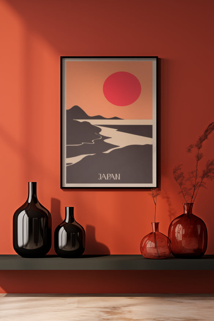 Minimalist Japan travel poster featuring red sun and mountains