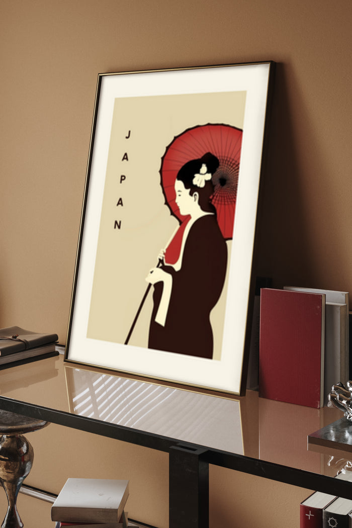 Vintage style Japanese poster featuring a traditional Geisha with a red umbrella