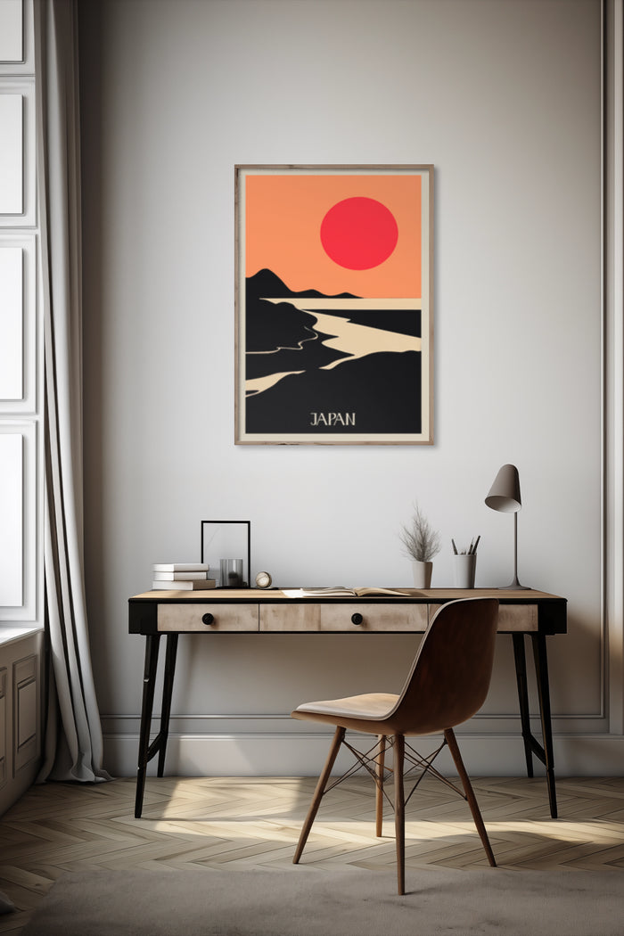 Minimalist Japan travel poster with red sun and mountain silhouette in a stylish interior setting