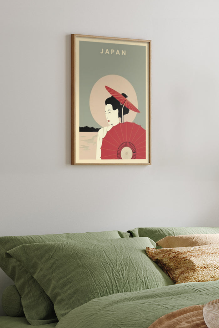 Vintage Japan travel poster with geisha and red umbrella artwork hanging in bedroom