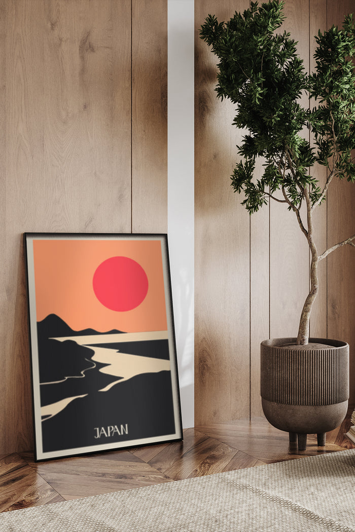 Vintage style Japan travel poster featuring silhouette of Mount Fuji and rising sun