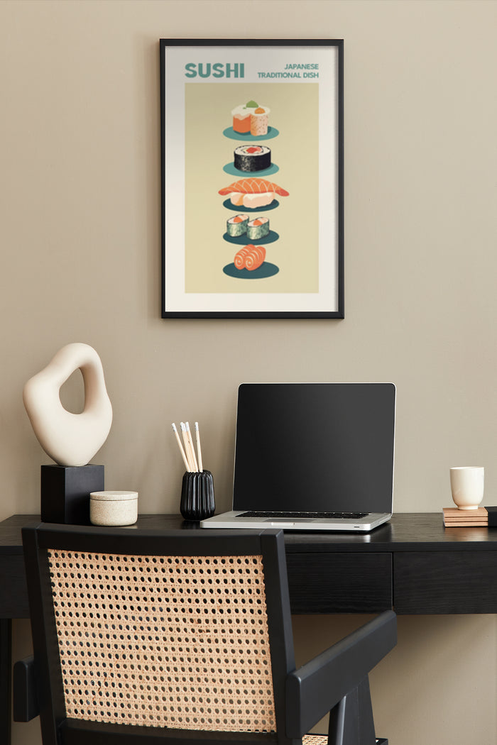 Japanese Sushi Traditional Dish Poster in Modern Home Office Setting