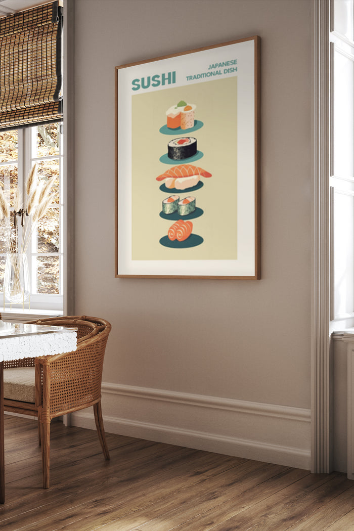 Sushi varieties retro poster in a stylish dining room setting