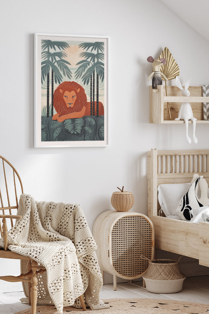 Stylish Jungle Lion Art Print Poster in Modern Home Decor Setting