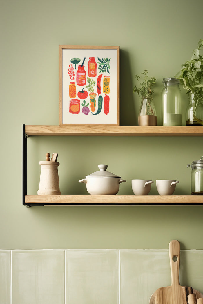 Colorful illustrated kitchen artwork featuring vegetables and jars on a shelf
