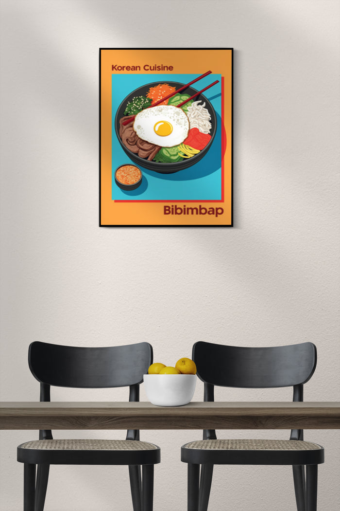 Colorful poster advertising Korean Bibimbap with graphic illustration of the dish in a modern dining setting
