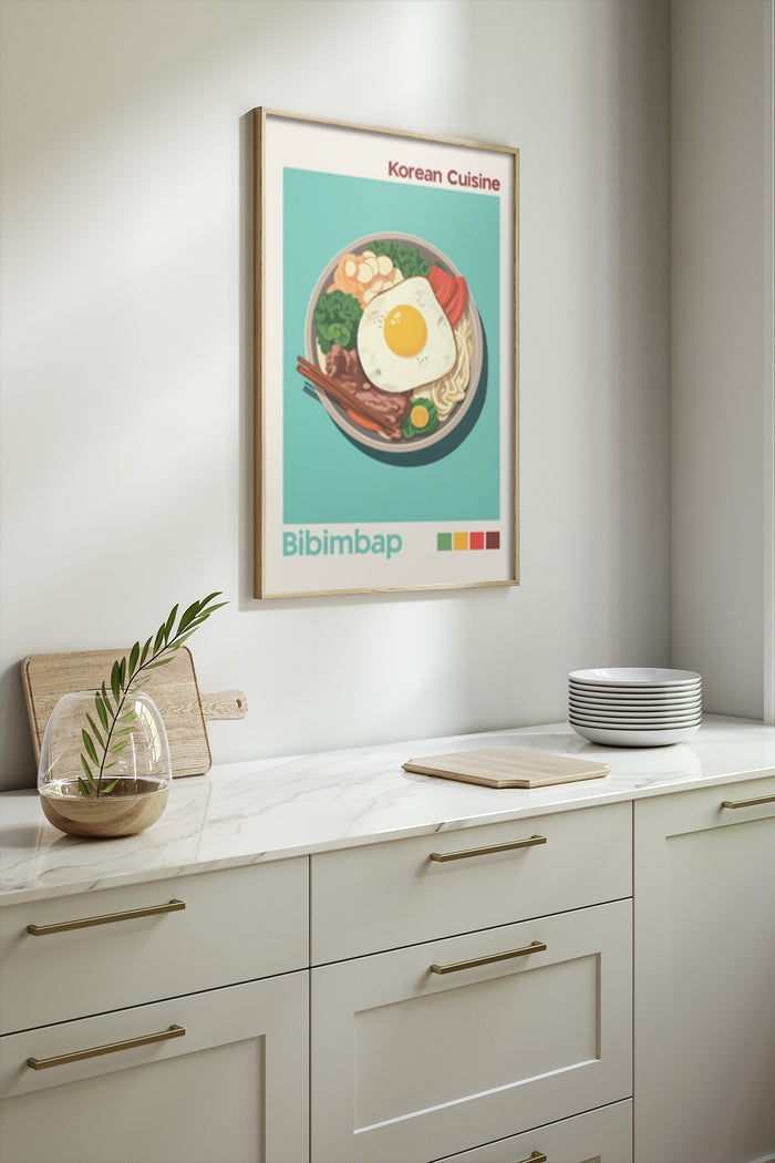 Stylish poster advertising Korean cuisine featuring an illustrated bowl of Bibimbap, perfect for kitchen decor
