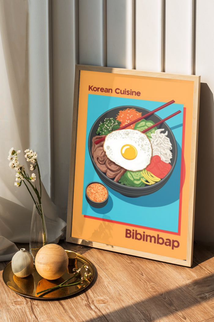 Colorful Korean Cuisine Bibimbap Poster Artwork in Home Decor Setting