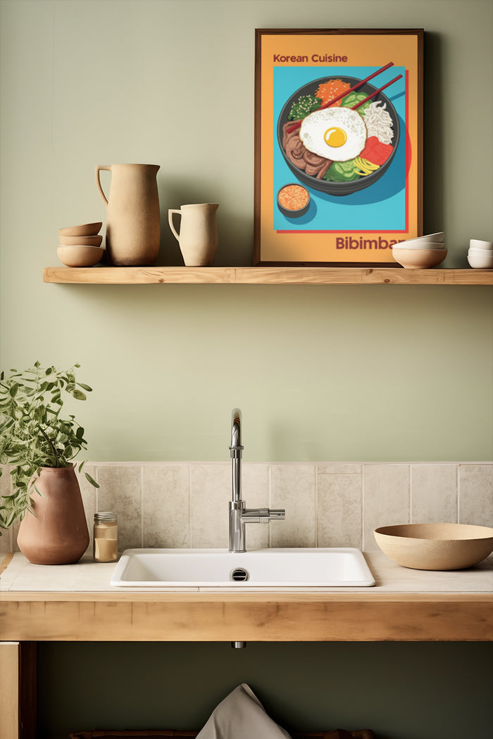 Colorful poster advertising Korean Cuisine Bibimbap in a stylish kitchen setting